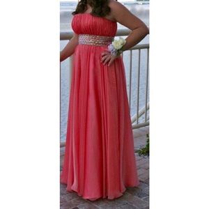 Long Coral Strapless Prom Dress w rhinestone waist